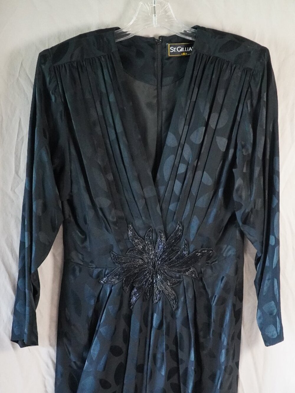 Vintage St. Gillian black patterned silk long-sleeve midi dress